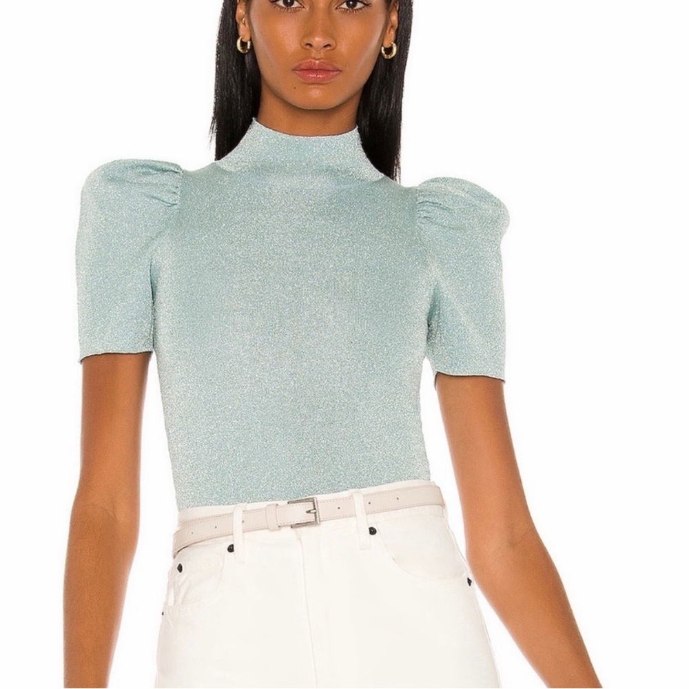 Alice + Olivia Shimmering Light Blue Puff Sleeve Blouse